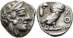 GRIECHEN ATTIKA. ATHEN Tetradrachme ø 24mm (16,81g). 420 - 380 v. Chr. Imitation aus einer östlichen Münzstätte (Levante?). Vs.: Kopf der Athena mit attischem Helm n. r., auf der Wange Gegenstempel (V