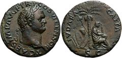 RÖMER RÖMISCHE KAISERZEIT. Titus als Caesar, 69 - 79 n. Chr. AE As (9,89g). 77 - 78 n. Chr. Mzst. Lugdunum. Vs.: T CAES IMP AVG F TR P COS VI CENSOR, Kopf mit Lorbeerkranz n. r. Rs.: IVDAEA CAPTA / SC
