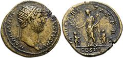 RÖMER RÖMISCHE KAISERZEIT. Hadrian, 117 - 138 n. Chr. AE Dupondius ø 28mm (12,31g). 128 - 129 n. Chr. Mzst. Rom. Vs.: HADRIANVS [AVG]VSTVS P P, Kopf mit Strahlenkrone n. r. Rs.: HILA-RI-TAS P R / S - 