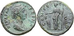 RÖMER RÖMISCHE KAISERZEIT. Diva Faustina maior, ab 140 n. Chr. AE Sesterz ø 34mm (32,38g). 141 n. Chr. Mzst. Rom. Vs.: DIVA FAVSTINA, drapierte Büste n. r. Rs.: CONSECRATIO / S - C, Vesta steht mit la