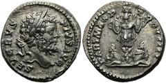 RÖMER RÖMISCHE KAISERZEIT. Septimius Severus, 193 - 211 n. Chr. Denar ø 19mm (3,28g). 201 n. Chr. Mzst. Rom. Vs.: SEVERVS PIVS AVG, Kopf mit Lorbeerkranz n. r. Rs.: PART MAX P M TR P VIIII, Tropaeum m