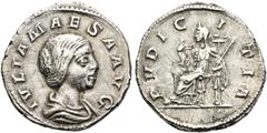 RÖMER RÖMISCHE KAISERZEIT. Iulia Maesa, 218 - 224 n. Chr. Denar ø 19mm (2,86g). 218 - 222 n. Chr. Mzst. Rom. Vs.: IVLIA MAESA AVG, drapierte Büste n. r. Rs.: PVDICITIA, Pudicitia mit Zepter thront n. 