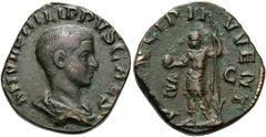 RÖMER RÖMISCHE KAISERZEIT. Philipp II. als Caesar, 244 - 247 n. Chr. AE Sesterz ø 28mm (14,93g). Mzst. Rom. Vs.: M IVL PHILIPPVS CAES, drapierte Büste n. r. Rs.: [PRI]NCIPI I-VVENTVTIS / S - C, Philip