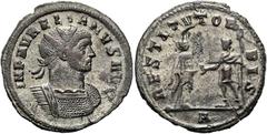 RÖMER RÖMISCHE KAISERZEIT. Aurelian, 270 - 275 n. Chr. Antoninian ø 22mm (3,57g). Mzst. Kyzikos. Vs.: IMP AVRELIANVS AVG, drapierte Panzerbüste mit Strahlenkrone n. r. Rs.: RESTITVT OR-BIS, weibliche 