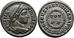RÖMER RÖMISCHE KAISERZEIT. Constantius I. Chlorus, 305 - 306 n. Chr. AE Follis ø 19mm (3,93g). 321 - 324 n. Chr. Mzst. Siscia. Vs.: CONSTAN-TINVS AVG, Kopf mit Lorbeerkranz n. r. Rs.: D N CONSTANTINI 