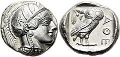 GRIECHEN ATTIKA. ATHEN. Tetradrachme ø 25mm (17.18g). 440 - 404 v. Chr. Vs.: Kopf der Athena im attischen Helm n. r. Rs.: ΑΘΕ, Eule n. r., dahinter Olivenzweig u. Mondsichel, alles im Quadratum incusu