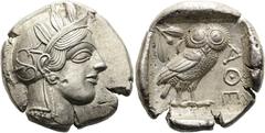 GRIECHEN ATTIKA. ATHEN. Tetradrachme ø 27mm (17.16g). 454 - 404 v. Chr. Vs.: Kopf der Athena mit attischem Helm n. r. Rs.: ΑΘΕ, Eule n. r., dahinter Olivenzweig u. Mondsichel, alles im Quadratum incus