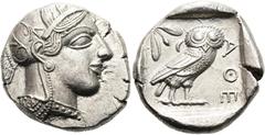 GRIECHEN ATTIKA. ATHEN. Tetradrachme ø 25mm (17.15g). 454 - 404 v. Chr. Vs.: Kopf der Athena mit attischem Helm n. r. Rs.: ΑΘΕ, Eule n. r., dahinter Olivenzweig u. Mondsichel, alles im Quadratum incus