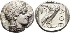GRIECHEN ATTIKA. ATHEN. Tetradrachme ø 26mm (17.19g). 454 - 404 v. Chr. Vs.: Kopf der Athena mit attischem Helm n. r. Rs.: ΑΘΕ, Eule n. r., dahinter Olivenzweig u. Mondsichel, alles im Quadratum incus