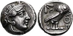 GRIECHEN ATTIKA. ATHEN. Tetradrachme ø 23mm (17.00g). 4. Jh. v. Chr. Vs.: Kopf der Athena mit attischem Helm n. r. Rs.: ΑΘΕ, Eule n. r., dahinter Olivenzweig u. Mondsichel, alles im Quadratum incusum.