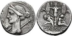 RÖMISCHE REPUBLIK RÖMISCHE REPUBLIK. C. Iulius Caesar, 46 - 45 v. Chr. Denar ø 19mm (3,59g). Mzst. in Hispania ulterior. Vs.: Drapierte Büste der Venus mit Diadem u. Stern im Haar, auf der l. Schulter