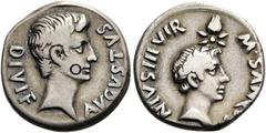 RÖMISCHE KAISERZEIT RÖMISCHE KAISERZEIT. Augustus, 27 v. Chr. - 14 n. Chr. Denar ø 18mm (3,87g). 17 v. Chr. Mzst. Rom. Münzmeister M. Sanquinius. Vs.: AVGVSTVS DIVI F, Kopf n. r. Rs.: M SANQVI-NIVS II
