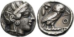 GRIECHEN ATTIKA. ATHEN Tetradrachme ø 23mm (17,07g). 454 - 404 v. Chr. Vs.: Kopf der Athena mit attischem Helm n. r. Rs.: ΑΘΕ, Eule n. r., dahinter Olivenzweig u. Mondsichel, alles im Quadratum incusu