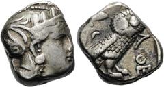 GRIECHEN ATTIKA. ATHEN Tetradrachme ø 24mm (17,07g). 286/5 - 280/67 v. Chr. Vs.: Kopf der Athena mit attischem Helm n. r. Rs.: ΑΘΕ, Eule n. r., dahinter Olivenzweig u. Mondsichel, alles im Quadratum i