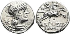 RÖMER RÖMISCHE REPUBLIK. RÖMISCHE REPUBLIK NACH 211 V. CHR. Q. Marcius Philippus, 129 v. Chr. Denar ø 17mm (3,93g). Mzst. Rom. Vs.: Kopf der Roma n. r., dahinter Stern. Rs.: Q PILIPVS / ROMA, Reiter m