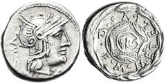 RÖMER RÖMISCHE REPUBLIK. RÖMISCHE REPUBLIK NACH 211 V. CHR. M. Caecilius Metellus, 127 v. Chr. Denar ø 18mm (3,88g). Mzst. Rom. Vs.: ROMA, Kopf der Roma mit Greifenhelm n. r., unter dem Kinn Stern. Rs