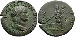 RÖMER RÖMISCHE KAISERZEIT. Vespasian, 69 - 79 n. Chr. AE Dupondius ø 29mm (14,03g). 72 n. Chr. Mzst. Rom. Vs.: IMP CAESAR VESPASIAN AVG COS IIII, Kopf mit Strahlenkrone n. r. Rs.: PAX AVG / S - C, Pax