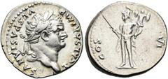 RÖMER RÖMISCHE KAISERZEIT. Titus als Caesar, 69 - 79 n. Chr. Denar ø 19mm (3,48g). 77 - 78 n. Chr. Mzst. Rom. Vs.: T CAESAR IMP VESPASIANVS, Kopf mit Lorbeerkranz n. r. Rs.: COS VI, Mars mit Lanze u. 