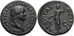 RÖMER RÖMISCHE KAISERZEIT. Titus, 79 - 81 n. Chr. AE As ø 28mm (10,91g). 80 - 81 n. Chr. Mzst. Rom. Vs.: IMP T CAES VESP AVG P M TR P COS VIII, Kopf mit Lorbeerkranz n. r. Rs.: AEQVITAS AVGVST / S - C
