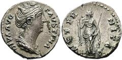 RÖMER RÖMISCHE KAISERZEIT. Diva Faustina maior, ab 140 n. Chr. Denar ø 17mm (3,45g). Mzst. Rom. Vs.: DIVA AVG FAVSTINA, drapierte Büste n. r. Rs.: AETER-NITAS, Aeternitas mit Zepter lüftet ihren Schle