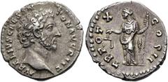 RÖMER RÖMISCHE KAISERZEIT. Marcus Aurelius als Caesar, 139 - 161 n. Chr. Denar ø 19mm (3,13g). 155 - 156 n. Chr. Mzst. Rom. Vs.: AVRELIVS CAES ANTON AVG P II F, Kopf mit Gewand auf l. Schulter n. r. R