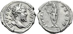 RÖMER RÖMISCHE KAISERZEIT. Septimius Severus, 193 - 211 n. Chr. Denar ø 20mm (3,35g). 201 n. Chr. Mzst. Rom. Vs.: SEVERVS PIVS AVG, Kopf mit Lorbeerkranz n. r. Rs.: FUNDAT-OR PACIS, Septimius Severus 