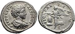 RÖMER RÖMISCHE KAISERZEIT. Caracalla, 197 - 217 n. Chr. Denar ø 20mm (3,37g). 200 - 202 n. Chr. Mzst. Rom. Vs.: P SEPT GETA CAES PONT, drapierte Panzerbüste des Geta n. r. Rs.: VIC-T AE-TE-RN, Viktori