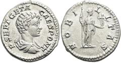 RÖMER RÖMISCHE KAISERZEIT. Geta als Caesar, 197 - 209 n. Chr. Denar ø 19mm (3,50g). 199 n. Chr. Mzst. Rom. Vs.: P SEPT GETA CAES PONT, drapierte Büste n. r. Rs.: NOBI-LITAS, Nobilitas mit Zepter u. Pa