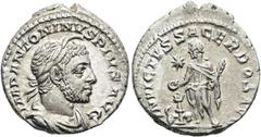 RÖMER RÖMISCHE KAISERZEIT. Elagabal, 218 - 222 n. Chr. Denar ø 19mm (3,45g). 220 - 222 n. Chr. Mzst. Rom. Vs.: IMP ANTONINVS PIVS AVG, drapierte Büste mit Lorbeerkranz u. Horn n. r. Rs.: INVICTVS SACE