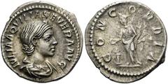 RÖMER RÖMISCHE KAISERZEIT. Iulia Aquilia Severa, 220 - 221 n. Chr. Denar ø 19mm (3,15g). Mzst. Rom. Vs.: IVLIA AQVILIA SEVERA AVG, drapierte Büste n. r. Rs.: CONCORDIA, Concordia mit Doppelfüllhorn op