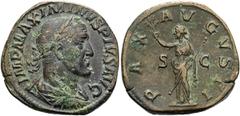 RÖMER RÖMISCHE KAISERZEIT. Maximinus Thrax, 235 - 238 n. Chr. AE Sesterz ø 30mm (20,74g). 235 - 236 n. Chr. Mzst. Rom. Vs.: IMP MAXIMINVS PIVS AVG, drapierte Panzerbüste mit Lorbeerkranz n. r. Rs.: PA