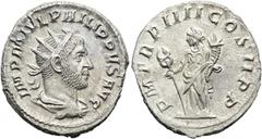 RÖMER RÖMISCHE KAISERZEIT. Philipp I. Arabs, 244 - 249 n. Chr. Antoninian ø 22mm (4,44g). 247 n. Chr. Mzst. Rom. Vs.: IMP M IVL PHILIPPVS AVG, drapierte Panzerbüste mit Strahlenkrone n. r. Rs.: P M TR