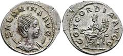 RÖMER RÖMISCHE KAISERZEIT. Salonina, 254? -268 n. Chr. Antoninian ø 23mm (3,24g). Mzst. Siscia. Vs.: SALONINA AVG, drapierte Büste mit Diadem auf Mondsichel n. r. Rs.: CONCORDIA AVGG, Concordia sitzt 