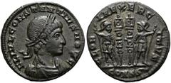 RÖMER RÖMISCHE KAISERZEIT. Constantius II. als Caesar, 324 - 337 n. Chr. AE Follis ø 18mm (2,36g). 333 - 335 n. Chr. Mzst. Konstantinopel. Vs.: FL IVL CONSTANTIVS NOB C, drapierte Panzerbüste mit Lorb
