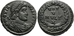 RÖMER RÖMISCHE KAISERZEIT. Jovianus, 363 - 364 n. Chr. AE Follis ø 20mm (3,57g). Mzst. Sirmium. Vs.: D N IOVIA-NVS P F AVG, drapierte Panzerbüste mit Perlendiadem n. r. Rs.: VOT / V / MVLT / X im Kran