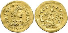 RÖMER RÖMISCHE KAISERZEIT. Zeno, 474 - 491 n. Chr. Semissis ø 15mm (2,19g). Mzst. Konstantinopel. Vs.: D N ZENO PERP AVG, drapierte Panzerbüste mit Perlendiadem n. r. Rs.: VICTORIA AVGG / CONOB, Vikto