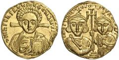 Justinianus II., 2. Regierung, 705 - 711 n. Chr. Solidus (4,20g). Mzst. Konstantinopel. Vs.: d N IhS ChS REX REGNANTIVM, frontale Christusbüste mit Kodex vor Kreuz. Rs.: D (= retr.) N IVSTINIAN-VS ET 