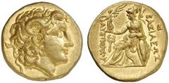 THRAKISCHE KÖNIGE UND DYNASTEN Lysimachos, 305 - 281 v. Chr. Stater (8,53g). 1. Hälfte 3. Jh. v. Chr. Mzst. Ainos? Vs.: Kopf Alexan­ders d. Gr. mit Diadem und Ammonshorn nach r. Rs.: BASILEWS LUSIMACO