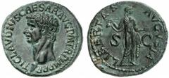 Claudius Claudius, 41 - 54 n. Chr. As 42 - 43 n. Chr. Rom. 12.24 g. Vs.: TI CLAVDIVS CAESAR AVG P M TR P IMP P P, Kopf n. l. Rs.: LIBERTAS AVGVSTA / S - C, Libertas mit Pileus u. ausgestreckter Linken