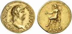 Nero Nero, 54 - 68 n. Chr. Aureus 64 - 66 n. Chr. Rom. 6.49 g. Vs.: NERO CAESAR AVGVSTVS, Kopf mit Lorbeerkranz n. r. Rs.: SALVS, Salus mit Patera thront n. l. RIC 59; C. 313; BMC 87; Mac Dowall, Nero