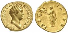 Otho Otho, 69 n. Chr. Aureus Rom. 7.36 g. Vs.: IMP OTHO CAESAR AVG TR P, Kopf n. r. Rs.: SECVRI-TAS P R, Securitas mit Kranz u. Zepter. RIC 9; C. 14; BMC S. 366 Anm. +; BN 9; Calicó I 529. RR! Kleine 