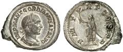Gordian I. Gordian I., 238 n. Chr. Denar Rom. 2.66 g. Vs.: IMP M ANT GORDIANVS AFR AVG, drapierte Panzerbüste mit Lorbeerkranz n. r. Rs.: P M T-R P COS P P, Kaiser als Togatus mit Zweig u. Parazonium.