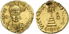 Constantinus IV Constantinus IV. Pogonatus, 668 - 685 n. Chr. Solidus 681 - 685 n. Chr. in Italien. 4.16 g. Vs.: d N CONS-TA-NTINVS PP AV, frontale Panzerbüste, Kopf leicht n. r., mit Helm, Perlendiad