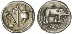C. Iulius Caesar C. Iulius Caesar, 49 - 48 v. Chr. Denar im Feld. 2.77 g. Vs.: Von l. nach r. Culullus, Aspergillum, Securis u. Apex-Mütze. Rs.: CAESAR, Elefant n. r. trampelt einen Drachen nieder. Cr