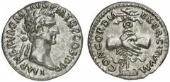 Nerva Nerva, 96 - 98 n. Chr. Denar 97 n. Chr. Rom. 3.44 g. Vs.: IMP NERVA CAES AVG P M TR P COS III P P, Kopf mit Lorbeerkranz n. r. Rs.: CONCORDIA EXERCITVVM, dextrarum iunctio, dahinter Aquila auf P