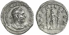Macrinus Macrinus, 217 - 218 n. Chr. Denar 217 n. Chr. Rom. 3.31 g. Vs.: IMP C M OPEL SEV MACRINVS AVG, Panzerbüste mit Lorbeerkranz n. r. Rs.: FIDES MILITVM, Fides mit zwei Standarten steht frontal, 
