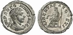 Elagabal Elagabal, 218 - 222 n. Chr. Denar Rom. 2.95 g. Vs.: IMP ANTO-NINVS AVG, drapierte Büste mit Lorbeerkranz n. r. Rs.: LIBERTAS AVGVSTI, Libertas n.l. sitzend hält Pileus und Zepter. RIC 115. Br