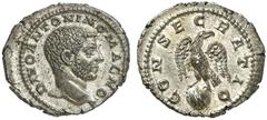 RÖMER RÖMISCHE KAISERZEIT Divus Caracalla, ab 217 n. Chr. Denar (2,84g). 218 n. Chr., geprägt unter Elagabal. Mzst. Rom. Vs.: DIVO ANTONINO MAGNO, Kopf n. r. Rs.: CONSECRATIO, Adler auf Globus. RIC 71
