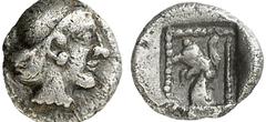 GRIECHEN TROAS Hemiobol (0,35g). Anfang 5. Jh. v. Chr. Vs.: Mädchenkopf mit Haube n. r. Rs.: Greifenkopf in Perlquadrat n. l. SNG Aul. ­ ; SNG München ­ . BMC ­ (vgl. Lycia Taf.VI 4, unbest. lykischer