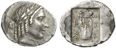 GRIECHEN LYKIEN LYKISCHER BUND. Kragos Hemidrachme (2,01g). 1. Hälfte 1. Jh. v. Chr. Vs.: Apollonkopf mit Lorbeerkranz r. Rs.: Kithara zwi­schen K - P, l. Zeig mit Binden. SNG Aul. 4304; Troxell Serie